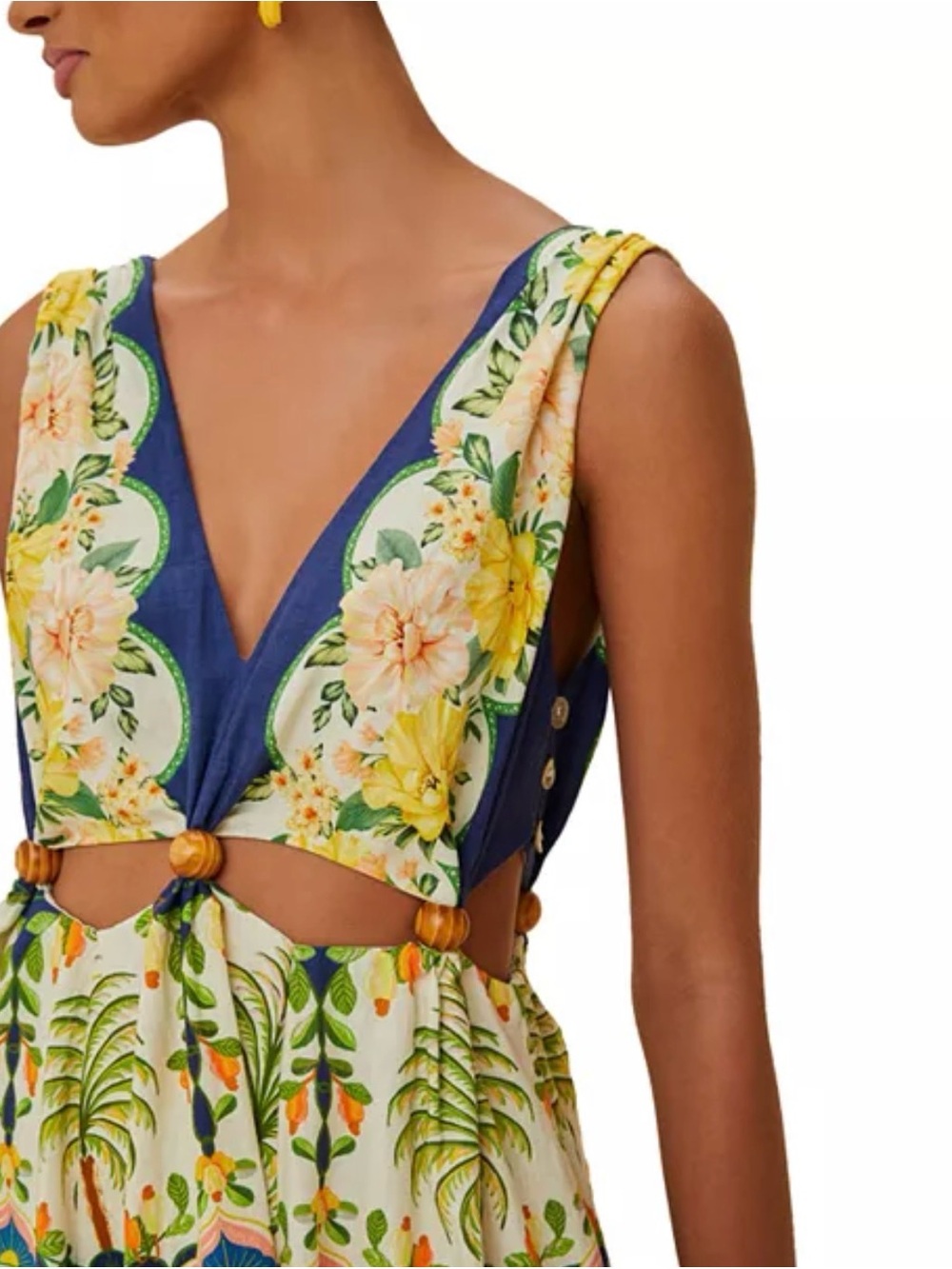 🌼FARM Rio Amazon Garden Cream Navy Cut Out Midi Dress Floral Tropical V-Neck M - Picture 2 of 15